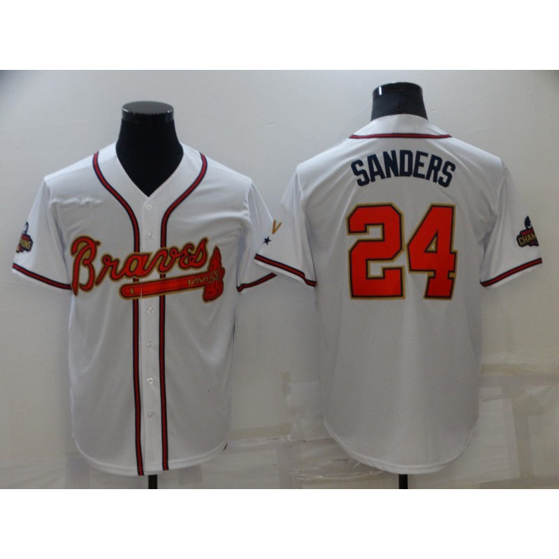 A.Braves #24 Deion Sanders 2022 White Gold World Series Champions Program Cool Base Stitched Jersey
