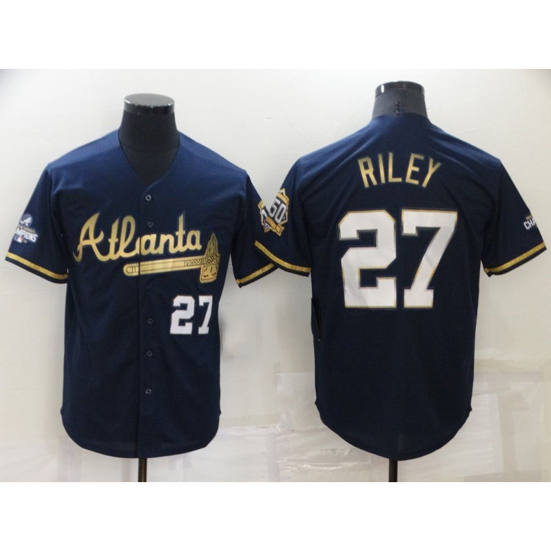A.Braves #27 Austin Riley 2022 Navy Blue 2021 World Series Champions Golden Edition Stitched Cool Base Jersey