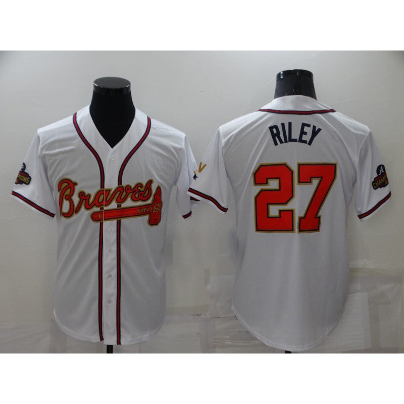 A.Braves #27 Austin Riley 2022 White Gold World Series Champions Program Cool Base Stitched Jersey