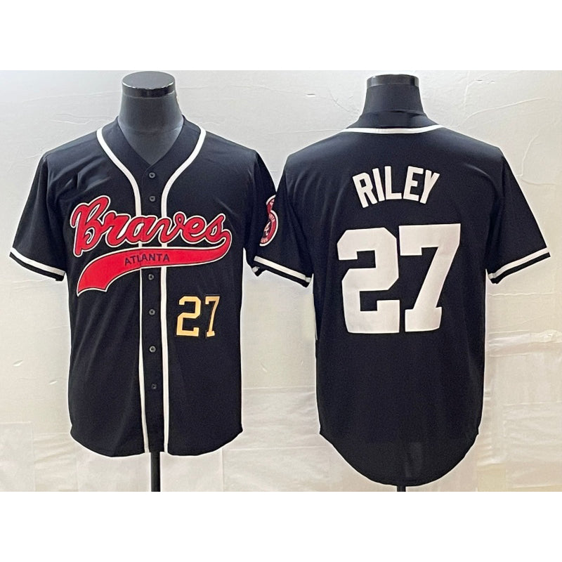 A.Braves #27 Austin Riley Number Black Cool Base Stitched Jersey