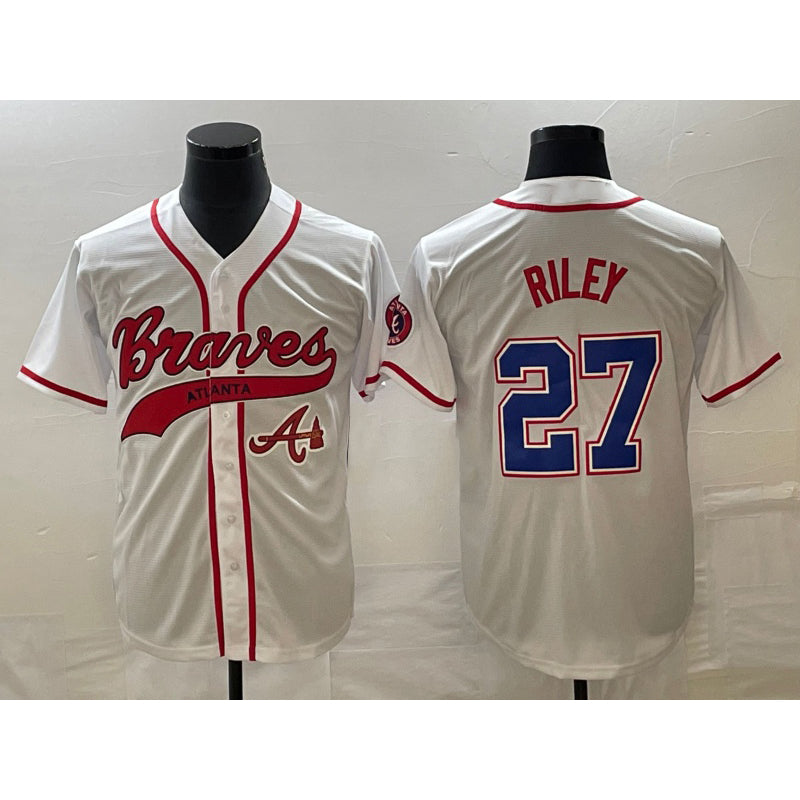 A.Braves #27 Austin Riley White Cool Base With Patch Stitched Jersey