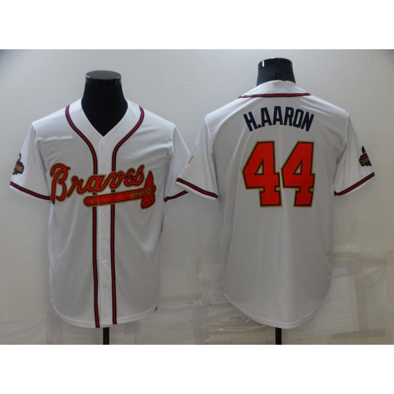 A.Braves #44 Hank Aaron 2022 White Gold World Series Champions Program Cool Base Stitched Jersey