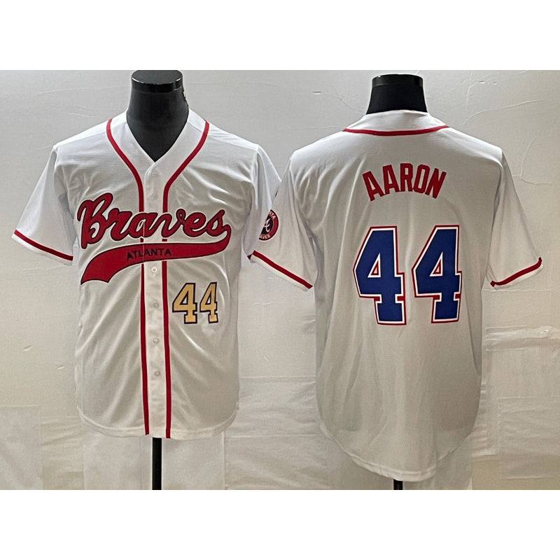 A.Braves #44 Hank Aaron White Cool Base With Patch Stitched Jersey