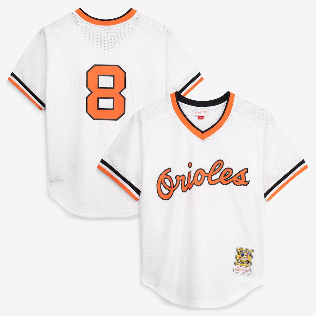 B.Orioles #8 Cal Ripken Jr. Mitchell & Ness White Authentic Batting Practice Jersey