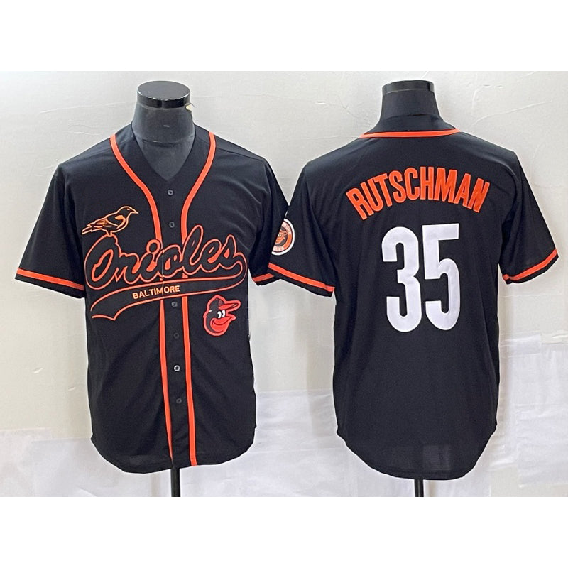 B.Orioles #35 Adley Rutschman Black With Patch Cool Base Stitched  Jersey