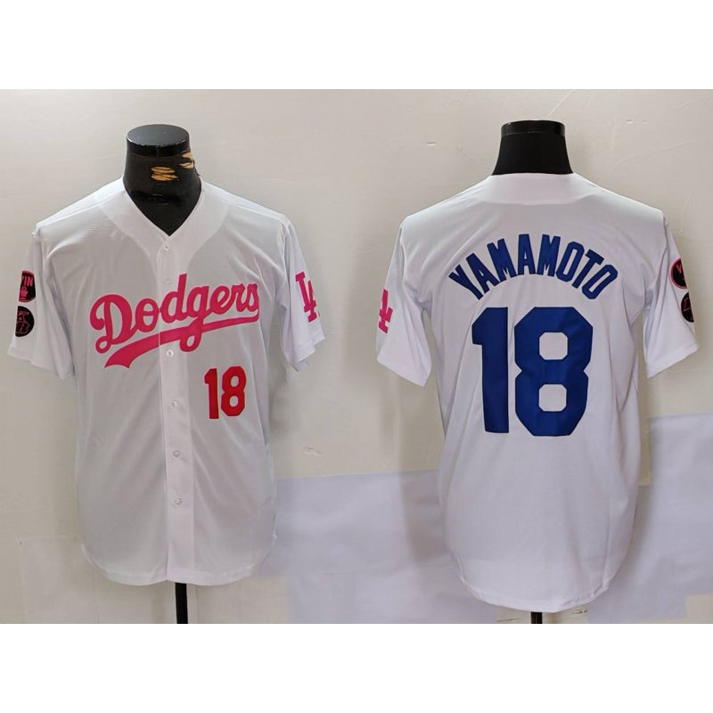 LA.Dodgers #18 Yoshinobu Yamamoto White Pink Vin & Kobe Patch Stitched Jersey