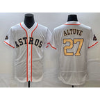 H.Astros #27 Jose Altuve 2023 White Gold World Serise Champions Patch Flex Base Stitched Jersey