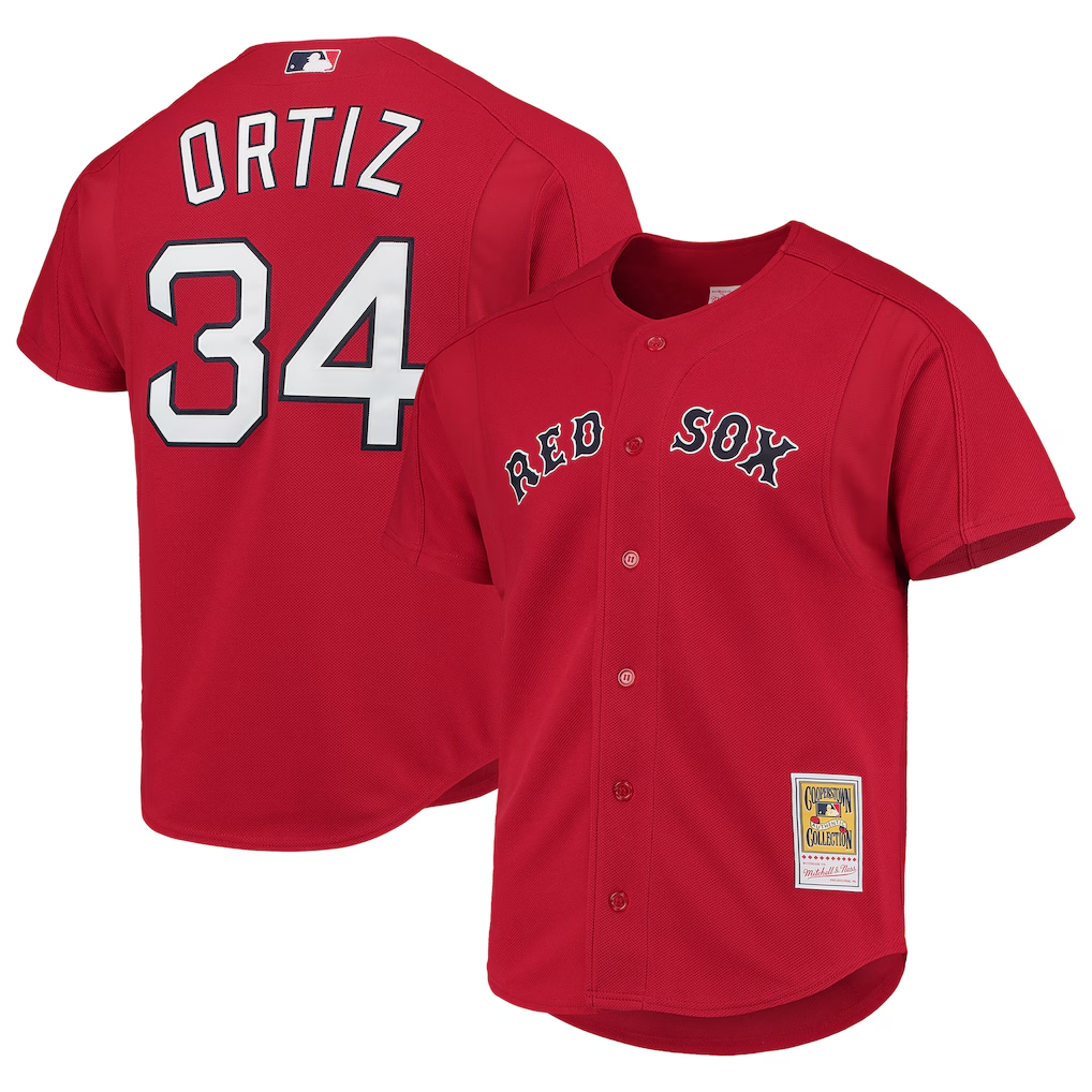 BR.Sox #34 David Ortiz Mitchell & Ness Red Cooperstown Collection Mesh Batting Practice Button-Up Jersey