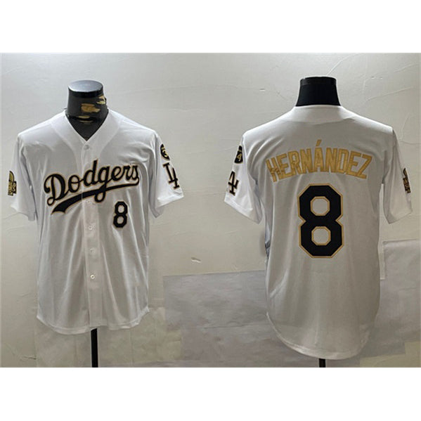 LA.Dodgers #8 Enrique Hernandez White Gold 2024 World Series With Fernando Memorial Patch Home Limited Stitched Jersey