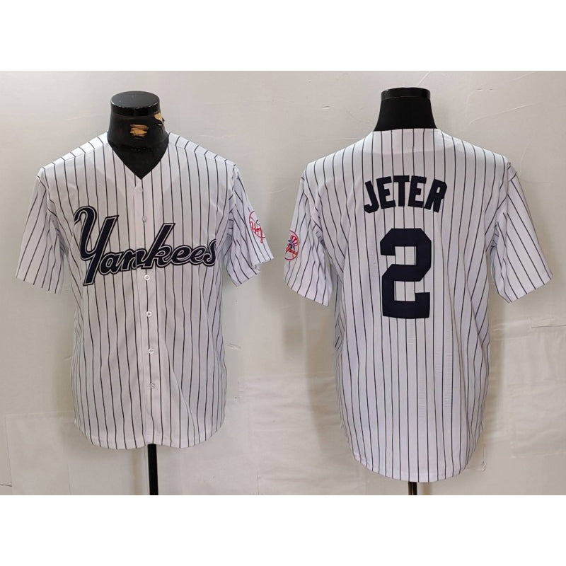 NY.Yankees #2 Derek Jeter White Pinstripe Fashion Cool Base 3 Jersey