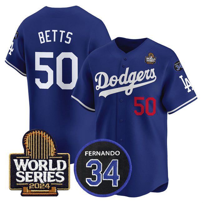 LA.Dodgers #50 Mookie Betts Royal 2024 World Series With Fernando Memorial Patch Limited Stitched Jersey