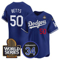 LA.Dodgers #50 Mookie Betts Royal 2024 World Series With Fernando Memorial Patch Limited Stitched Jersey