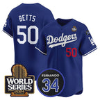LA.Dodgers #50 Mookie Betts Royal 2024 World Series With Fernando Memorial Patch Limited Stitched Jersey
