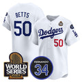 LA.Dodgers #50 Mookie Betts White 2024 World Series With Fernando Memorial Patch Limited Stitched Jersey