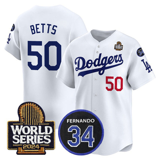 LA.Dodgers #50 Mookie Betts White 2024 World Series With Fernando Memorial Patch Limited Stitched Jersey