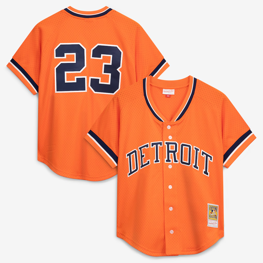 D.Tigers #23 Kirk Gibson Mitchell & Ness Orange Cooperstown Collection Mesh Batting Practice Button-Up Jersey