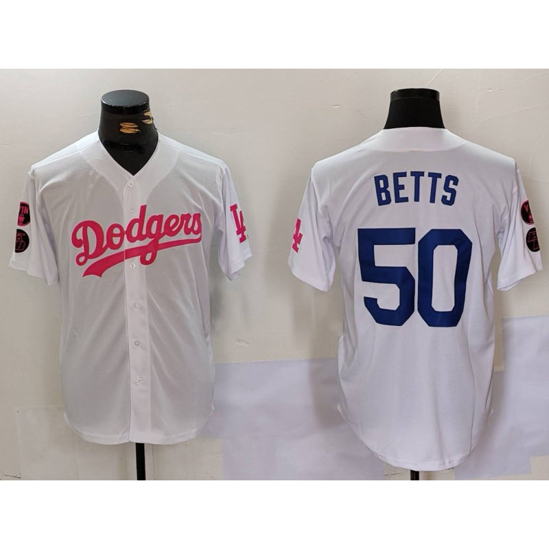 LA.Dodgers #50 Mookie Betts White Pink Vin & Kobe Patch Stitched 1 Stitched Jersey