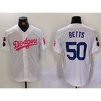 LA.Dodgers #50 Mookie Betts White Pink Vin & Kobe Patch Stitched 1 Stitched Jersey