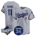 LA.Dodgers #10 Roki Sasaki Gray 2025 World Series With No.34 Patch Limited Jersey