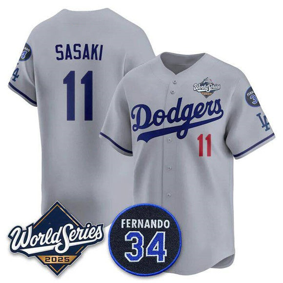 LA.Dodgers #10 Roki Sasaki Gray 2025 World Series With No.34 Patch Limited Jersey