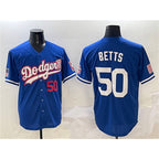 LA.Dodgers #50 Mookie Betts Royal With American Flag Patch Limited Stitched Jersey