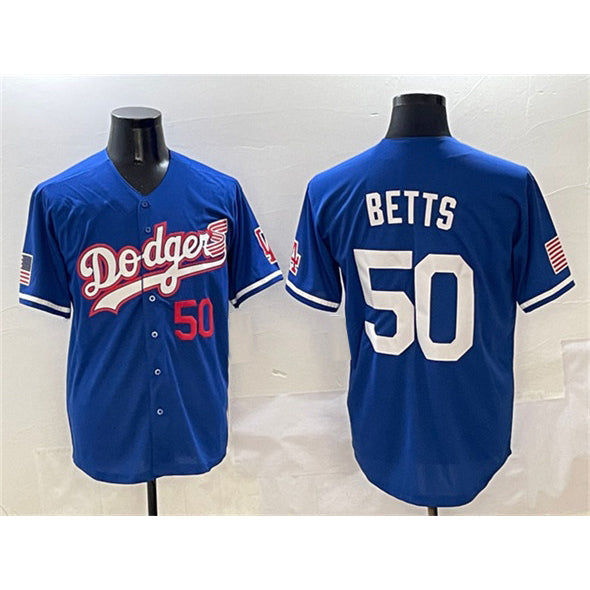 LA.Dodgers #50 Mookie Betts Royal With American Flag Patch Limited Stitched Jersey