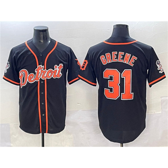 D.Tigers #31 Riley Greene Black With Patch Cool Base Stitched Jersey