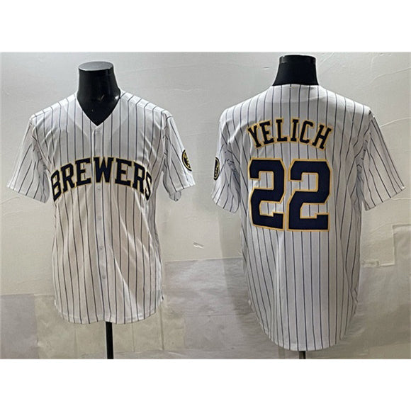 M.Brewers #22 Christian Yelich White Pinstripe 2025 With Patch Stitched Jersey