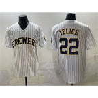 M.Brewers #22 Christian Yelich White Pinstripe 2025 With Patch Stitched Jersey
