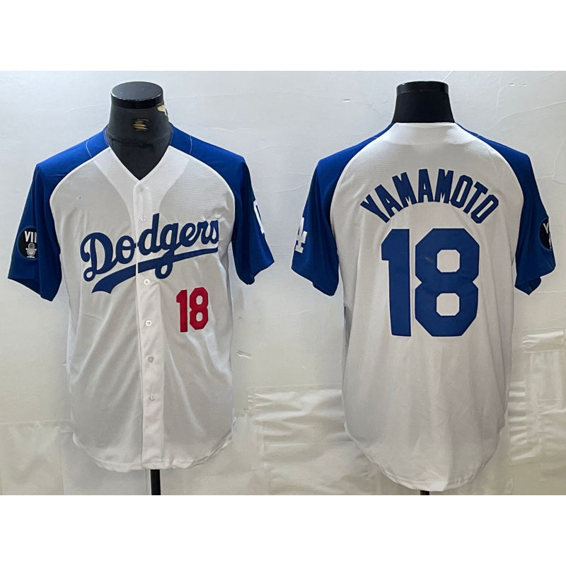 LA.Dodgers #18 Yoshinobu Yamamoto Number White Blue Fashion Stitched Cool Base Limited Jersey