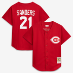 C.Reds cdql-#21 Deion Sanders Red Cooperstown Mesh Batting Practice Button-Up Jersey