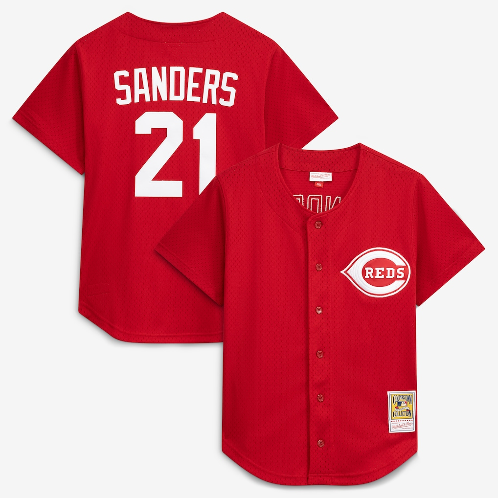 C.Reds cdql-#21 Deion Sanders Red Cooperstown Mesh Batting Practice Button-Up Jersey