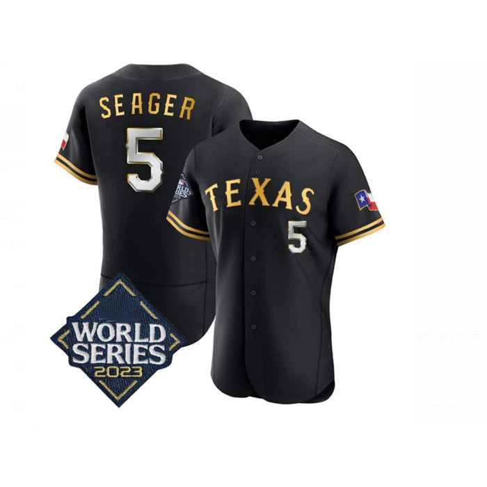 T.Rangers #5 Corey Seager Black Gold 2023 World Series Flex Base Stitched  Jersey