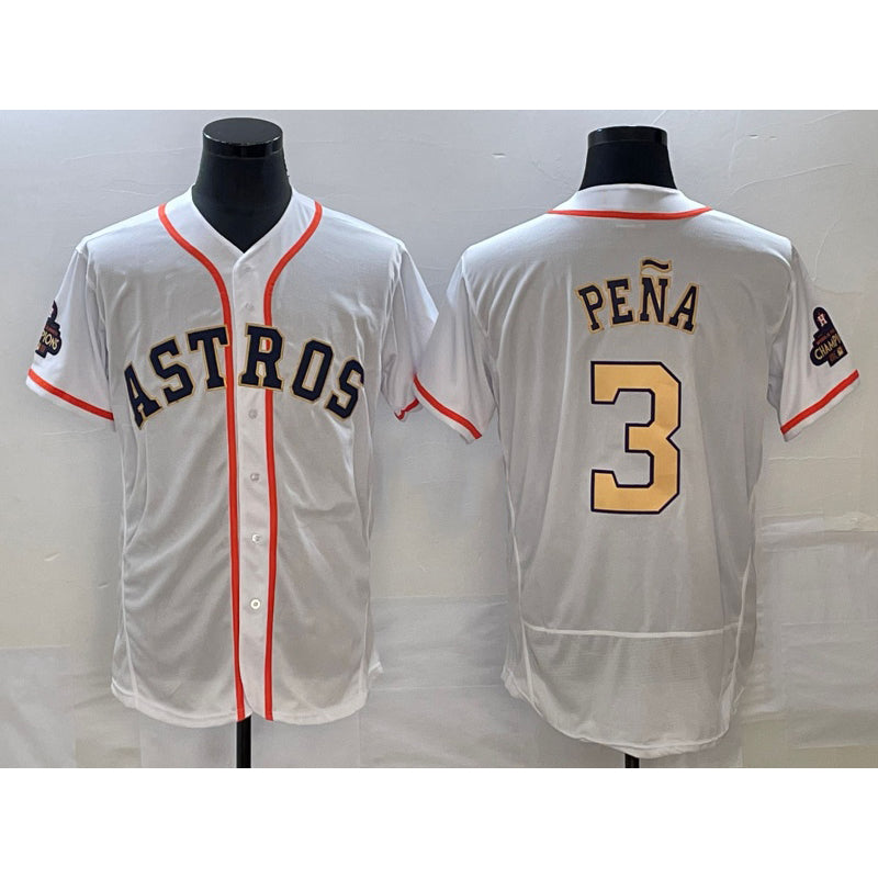 H.Astros #3 Jeremy Pena 2023 White Gold World Serise Champions Patch Flex Base Stitched Jersey