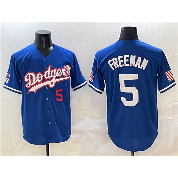 LA.Dodgers #5 Freddie Freeman Royal With American Flag Patch Limited Stitched Jersey