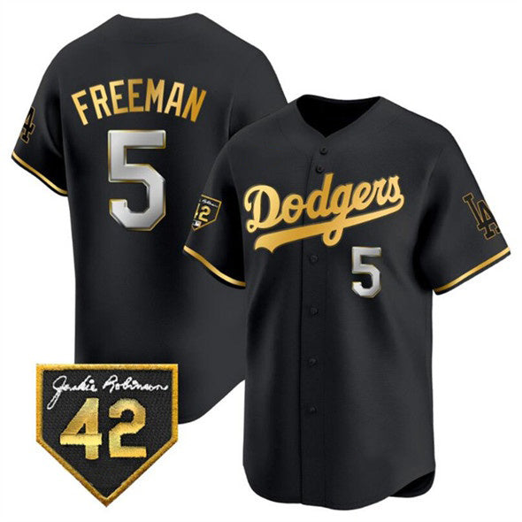 LA.Dodgers #5 Freddie Freeman Black Gold With Jackie Robinson Patch Limited Stitched Jersey