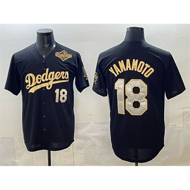 LA.Dodgers #18 Yoshinobu Yamamoto Black Gold 2025 World Series Patch Limited Stitched Jersey