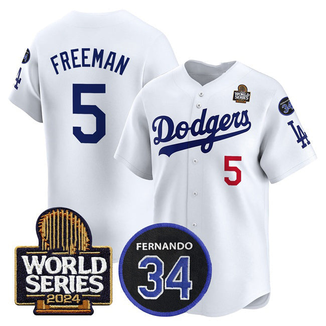 LA.Dodgers #5 Freddie Freeman White 2024 World Series With Fernando Memorial Patch Limited Stitched Jersey