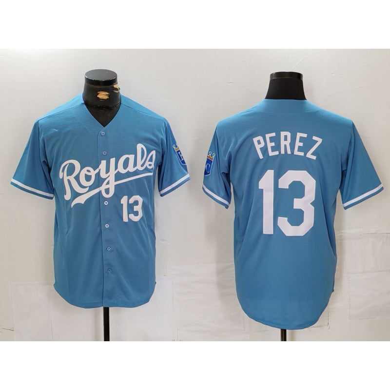 KC.Royals #13 Salvador Perez Number Light Blue Cool Base Stitched Jersey