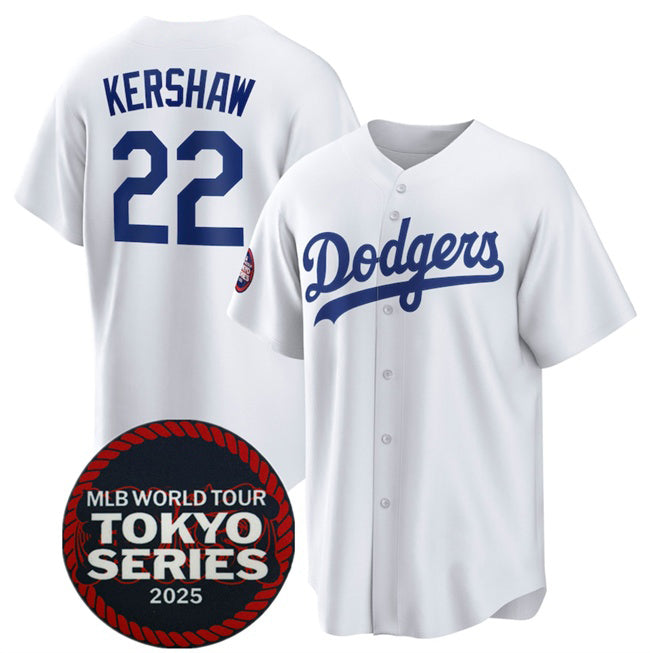 LA.Dodgers #22 Clayton Kershaw White 2025 World Tour Tokyo Series Home Stitched Jersey