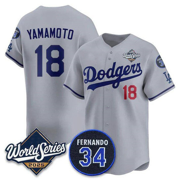 LA.Dodgers #18 Yoshinobu Yamamoto Gray 2025 World Series With No.34 Patch Limited Stitched Jersey