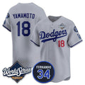 LA.Dodgers #18 Yoshinobu Yamamoto Gray 2025 World Series With No.34 Patch Limited Stitched Jersey