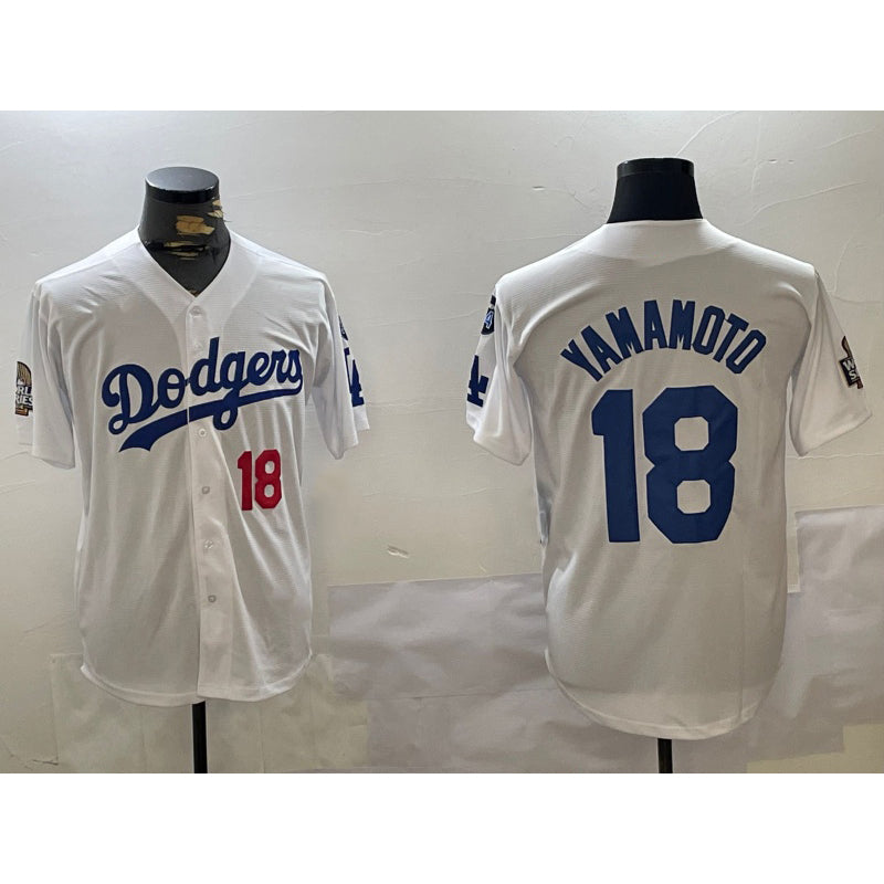 LA.Dodgers #18 Yoshinobu Yamamoto White 2024 World Series With Fernando Memorial Patch Home Limited Stitched Jerseys