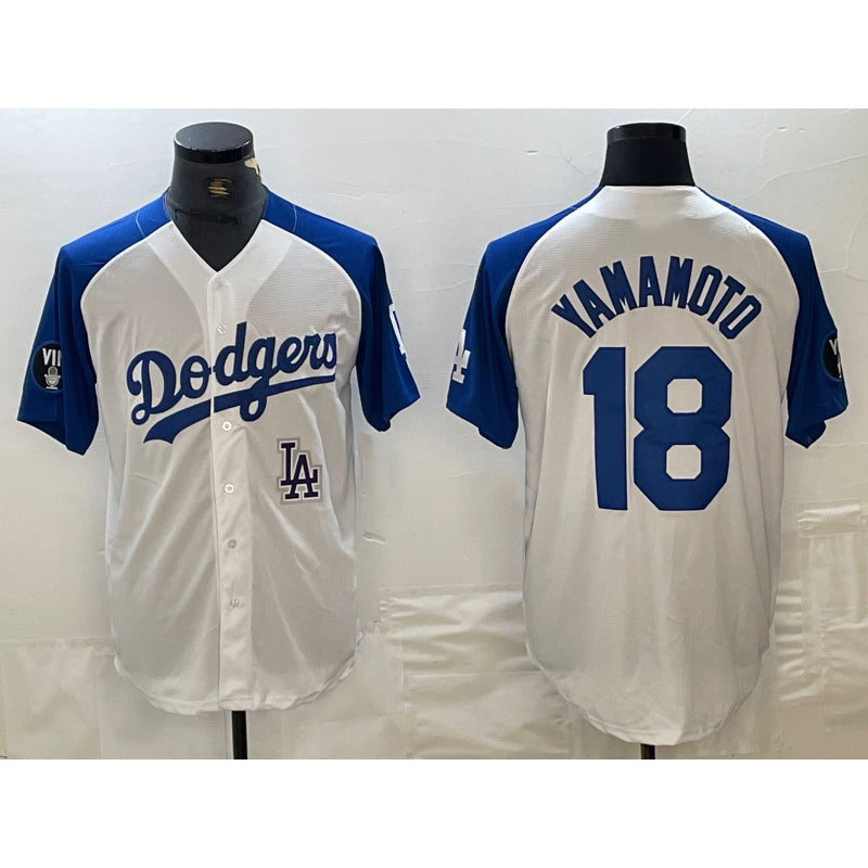LA.Dodgers #18 Yoshinobu Yamamoto White Blue Fashion Stitched Cool Base 2 Limited Jersey