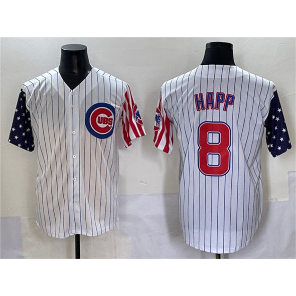 C.Cubs #8 Ian Happ White Pinstripe 2025 Independence Day Vapor Premier Limited Stitched Jersey