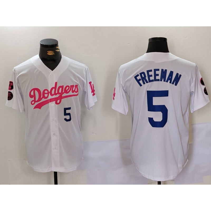 LA.Dodgers #5 Freddie Freeman White Pink Vin & Kobe Patch 1 Stitched Jersey