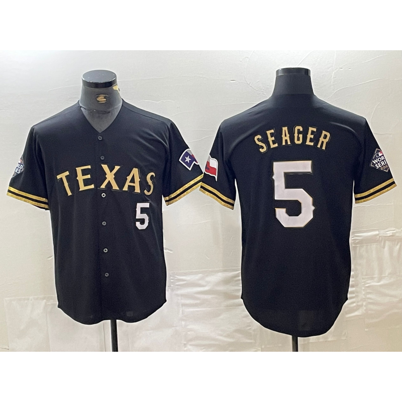 T.Rangers #5 Corey Seager Number Black Gold Cool Base Stitched  Jersey