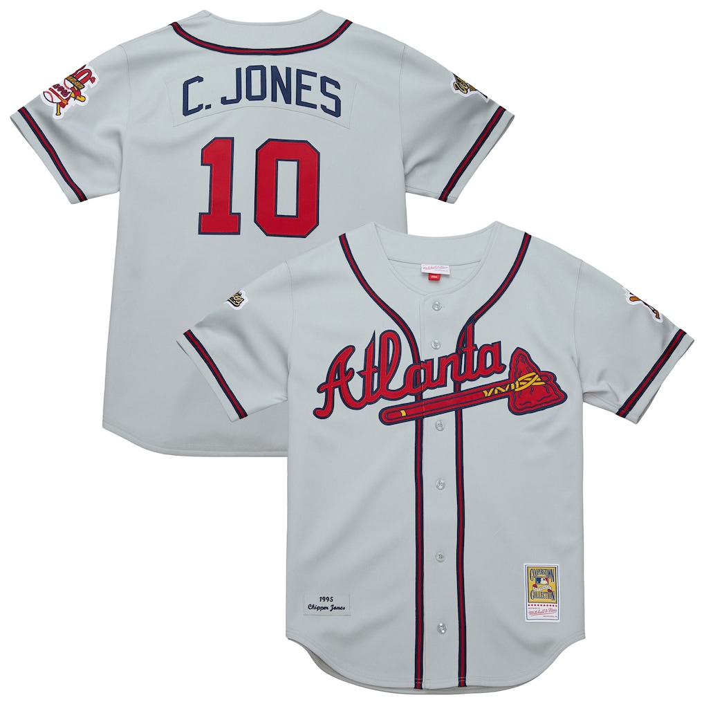 A.Braves #10 Chipper Jones Mitchell & Ness Gray 1995 Throwback Authentic Jersey
