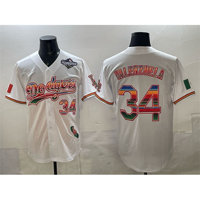 LA.Dodgers #34 Fernando Valenzuela White Mexico California Patch 2025 World Series Patch Stitched Jersey
