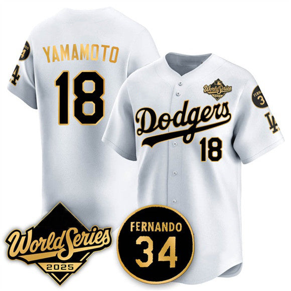 LA.Dodgers #18 Yoshinobu Yamamoto White Gold 2025 World Series With No.34 Patch Limited Stitched Jersey